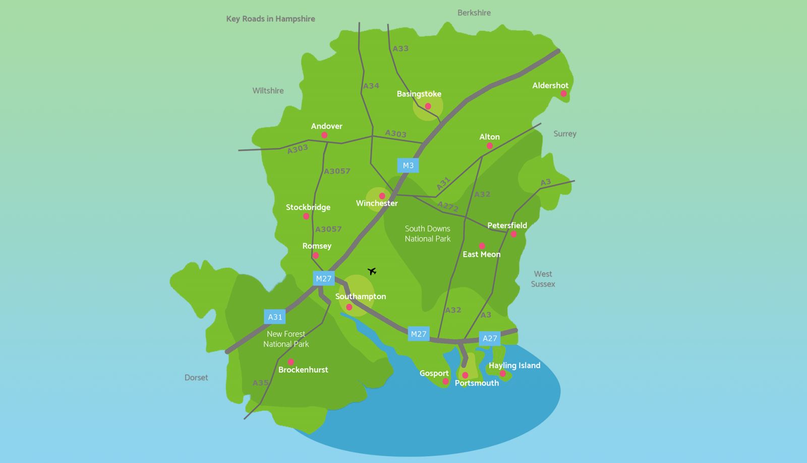 Map of Hampshire showing key roads, towns and cities